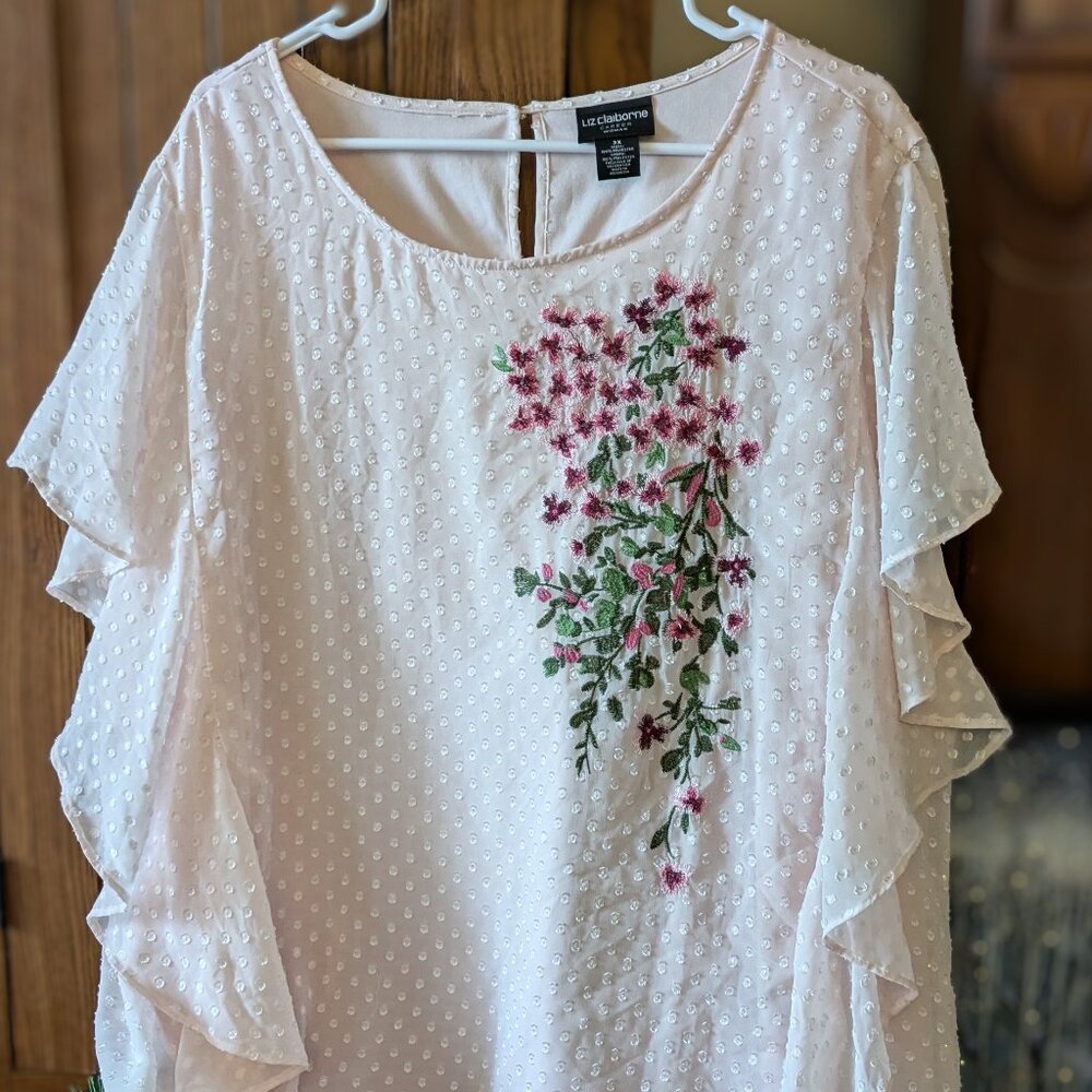 Liz Claiborne Blouse with Flutter Sleeves and Floral Design
